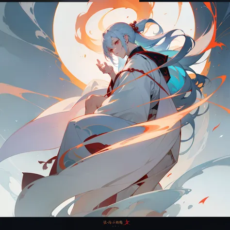 Full body of long gray-haired young man in Japan clothes、Light blue hair tips、red eyes、a character portrait by Yang J、CGSetsoty Trends、Fantasyart、Character Painting、guweiz、White Han style artwork、flowing white robes、Full body Wuxia、epic exquisite character...