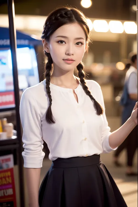 movie picture quality，Disney animation，Disney animated films，Street coffee stall at night，30-year-old mature beauty，Short hair and small braids，Puffy skirt，Bigchest，depth of fields，high light，Real light，Ray traching，oc rendered，Hyper-realistic，best qualtiy...