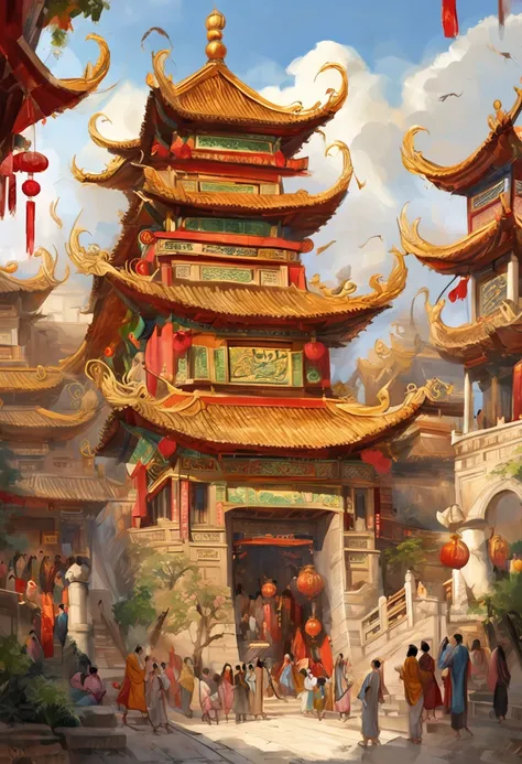 Chinese dragons soar in the sky，Goddesses dance in the bustling city under the dome，The crowd happily watched the ancient buildings up and down，The golden sun shines on everyone，Ancient Tang style，Prosperity，Cinematic texture，high-definition picture qualit...