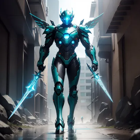 A high-tech combat armor inspired by the Pacific Rim cyan green robot metallic wings black red metal sword in hand