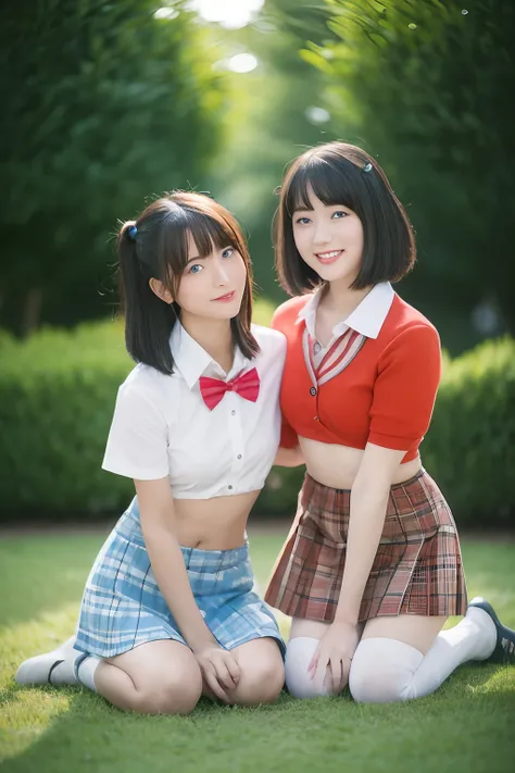 ((Two girls,duo,Face focus,caressing the,Postural collar))"Beautiful female characters in anime style、navel,Short blue hair、eBlue eyes、A smile、blazers、white  shirt、red bowtie、red plaid skirt、Figures in black stockings、Bouquet in hand、Scene of dancing in th...