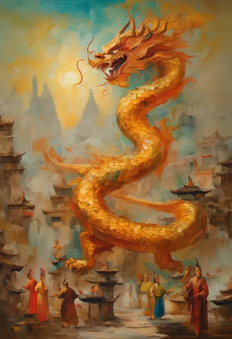 Chinese dragons soar in the sky，Goddesses dance in the bustling city under the dome，The crowd happily watched the ancient buildings up and down，The golden sun shines on everyone，Ancient Tang style，Prosperity，Cinematic texture，high-definition picture qualit...