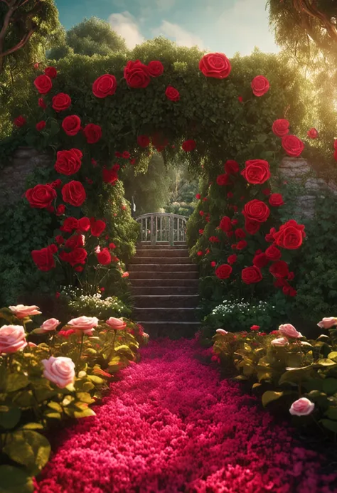 Secret Garden Flowers, red rose, rivers, green grass, sun