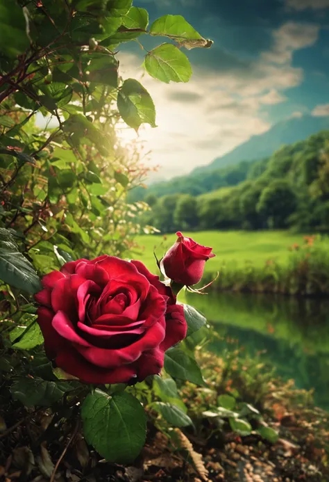 Secret Garden Flowers, red rose, rivers, green grass, sun