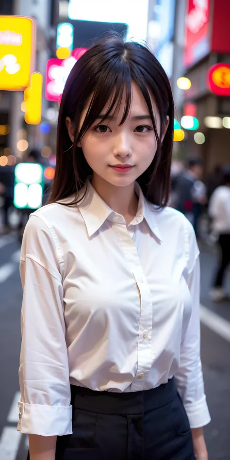 1 girl, Tokyo street, night, cityscape, city lights, upper body, close-up, blouse, smile, (8k, RAW photo, top quality, masterpiece: 1.2), (real, photoreal: 1.37),