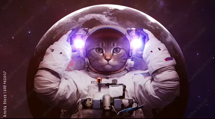 astronaut in space suit holding up his head with a glowing light, astronaut cat, cat in space, space cat, portrait of astronaut, astronaut, cat summons a spaceship, portrait of an astronaut, futuristic astronaut, cosmonaut, portrait of an ai astronaut, cat...