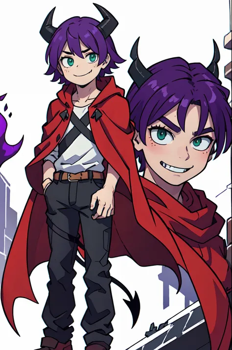 top-quality、((Deformed))、Boy with purple hair、short-hair、Green eyes、demonic horns、a smile、red cloak、Composition that reflects the whole body