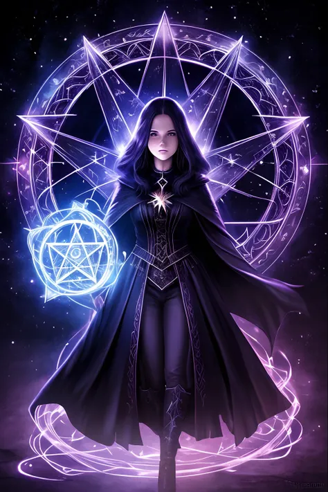 best quality, ultra-detailed, witch, magic arts, magic wand, summoned beast, glowing pentagram background --auto