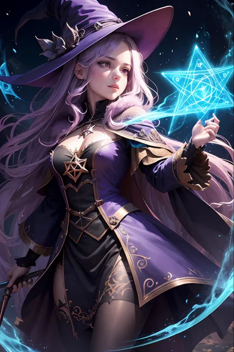 best quality, ultra-detailed, witch, magic arts, magic wand, summoned beast, glowing pentagram background --auto