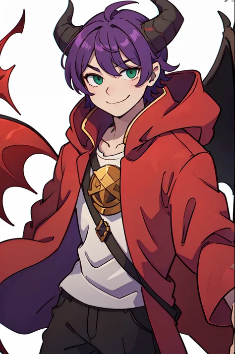 Boy with purple hair、Green eyes、demonic horns、((Deformed))、A smile、red cloak、Composition that reflects the whole body、No background