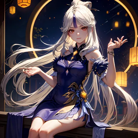 (masterpiece, best quality:1.2) ,(best illumination, best shadow, an extremely delicate and beautiful), floating, high saturation, dynamic angle, ((1girl)), gorgeous, ningguang (orchids evening gown) (genshin impact), white hair, red eyes, very long hair, ...