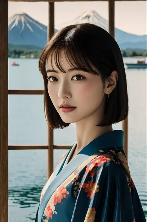 (Japanese:1.4), Beautiful face, Very detailed face, Very detailed eyes, Perfect eyes, Perfect lips, oil on matte canvas, (Solo: 1.55), (A woman in a kimono stands in front of an open doorway), (Calm lake and boats on the water, Mountain view in the backgro...