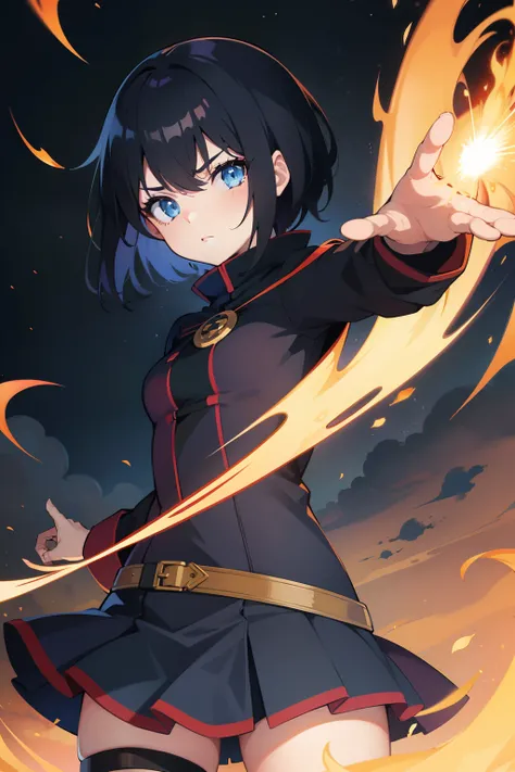 anime girl, mage, black hair, blue eyes, cool and laidback, fire spell, short hair, strict