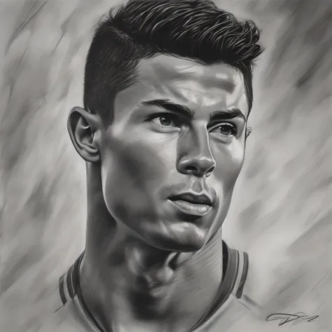 Create a captivating charcoal art portrayal of the iconic Cristiano Ronaldo, meticulously detailed and precisely rendered by the renowned artist Paul Lung. The artwork should intricately capture Ronaldos distinct facial features, muscular build, and intens...