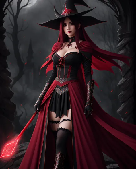 Facing the camera, witch dressed in red witch outfit, megumin costume, beautiful witch, dark witch, dark fantasy magician, evil witch, dark witch, beautiful witch, dark witch character, classical witch, beautiful witch, dark fantasy style art, magic scene,...