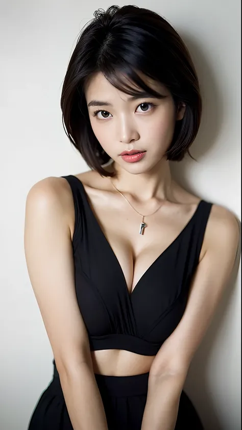 (Best quality,  Masterpiece, hyper HD:1.2),Photo of Pretty Japanese woman in the, Large breasts，big breasts exposed cleavage, Very short Bob hair,Upper body,(Oversized,:1.1) necklace, Simple background, looking around a corner, Bigboobs，tit，Vaginal thrust ...