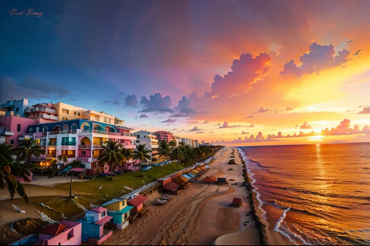 Oranges, pinks and yellows blend together to fill the sky, and the sunset over the beach is truly mesmerizing. The crystal clear waters gently kiss the coast, and the white sand beach stretches out endlessly. Its a dynamic and breathtaking scene with seagu...