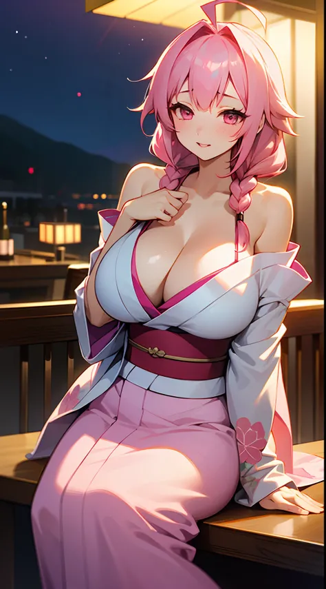 1 girl, game CG, floral blue kimono, shoulders and cleavage visible, gigantic breasts, pink hair, long hair, braids, princess hairstyle, ahoge, pink eyes, night, drunk, table, sitting,