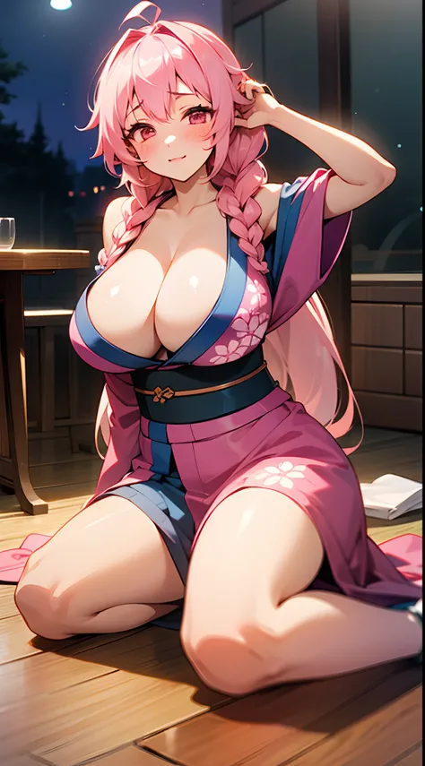 1 girl, game CG, floral blue kimono, shoulders and cleavage visible, gigantic breasts, pink hair, long hair, braids, princess hairstyle, ahoge, pink eyes, night, drunk, blush, table, floor to sit on