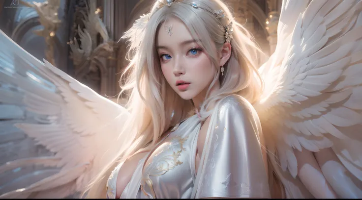 Art background art germ. High detail，in a panoramic view，1girll，hyperrealistic full figure, beautiful thick female,Busty woman，Beautiful young woman with white concept dress with white high slit dress，cloaks，hooding，White angel wings，Six-winged angel，（Temp...