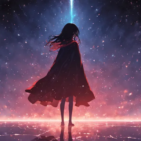 Long-haired girl wearing cape silhouette under the stars