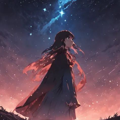 Long-haired girl wearing cape silhouette under the stars