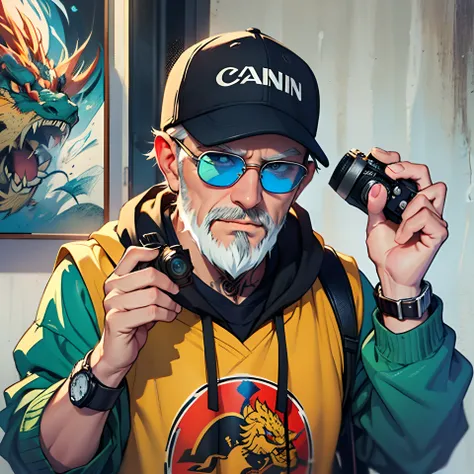 （（A 60-year-old white-bearded man takes a photo of the lens with a DSLR camera：1.2）），frontage，Wear a sweatshirt，With a baseball cap，Wear round-rimmed sunglasses，Canon camera，Dragon Ball painting art style，Japanese cartoon style，Wearing glasses，There are ta...