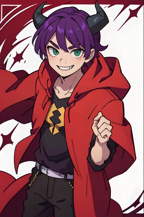 top-quality、((Deformed))、Boy with purple short hair、Green eyes、demonic horns、A smile、red cloak、Composition that reflects the whole body