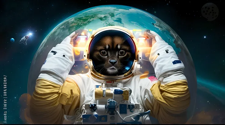 astronaut in space suit holding up his head with a glowing light, astronaut dog, dog in space, space dog, portrait of astronaut, astronaut, dog summons a spaceship, portrait of an astronaut, futuristic astronaut, cosmonaut, portrait of an ai astronaut, dog...