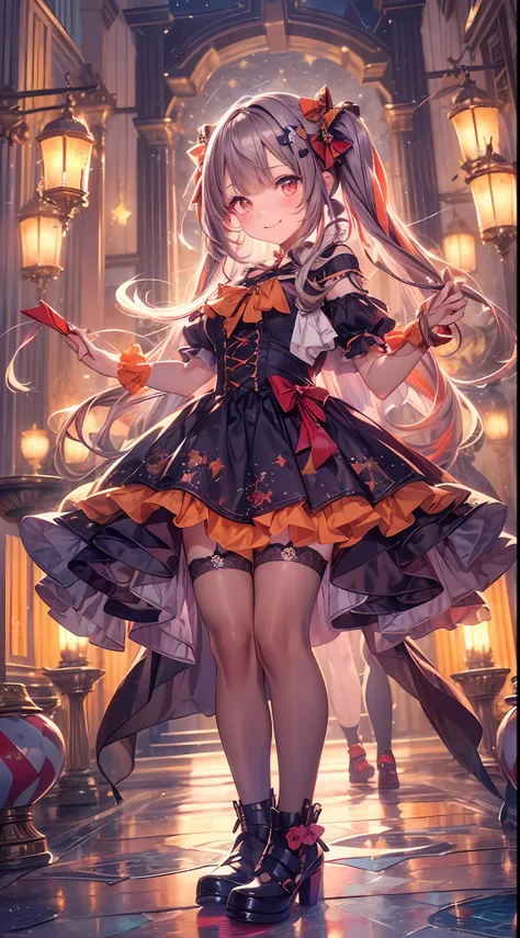 (fullbody, legs and shoes visible: 1.2)) expressive eyes, woman, pale skin, long hair, windblown hair, ((long hair)), long sidelocks, hime bangs, hair fringe, hair bun, ((long twintails)), flaming hair, red hair, blushing, full face blushing, big sparkling...