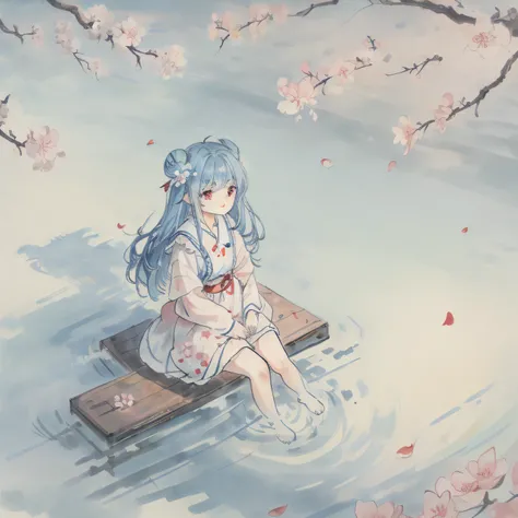 (best quality), (masterpiece), incredibly_absurdres, highly detailed, refined rendering, illustration, (highres), original, night_sky, 
(close_on:1.2), (close shot), (a girl:1.3) is (sitting on the tree) and soaking feet, [[light smile]], (baby_blue hair),...