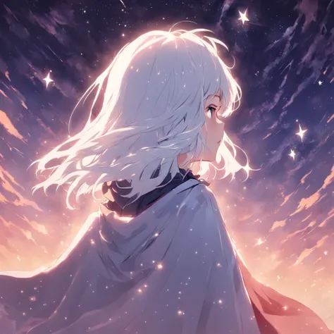 White hair cape girl starry back under the sky