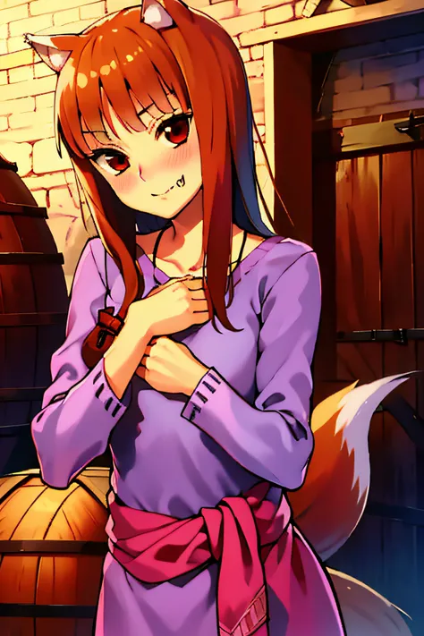 absurdres, best quality, masterpiece, novel illustration,(spice and wolf), (((holo))), (spicytail), (koume keito:1), (ayakura juu:1), (kawakami rokkaku:1), looking at viewer, wolf_ears, wolf_girl, wolf_tail, holo, animal_ears, 1girl, long_hair, brown_hair,...