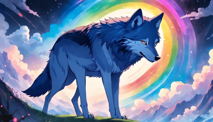 Card frame　Blue wolf　with rainbow colored background　Extremely colorful　Design the starry sky