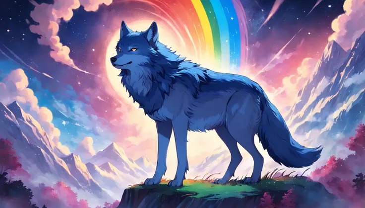 Card frame　Blue wolf　with rainbow colored background　Extremely colorful　Design the starry sky