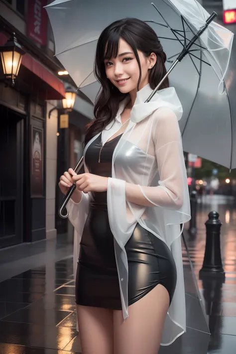 The beauty of a rain-drenched laughter young woman who is beautiful in the rain, with transparent umbrella, A thin cloth