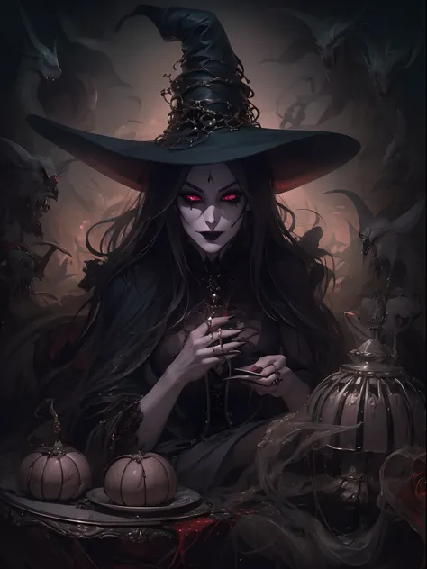 "a wicked witch consumed by her insatiable greed for unimaginable powers, a mesmerizing image depicting the dark allure of a gre...