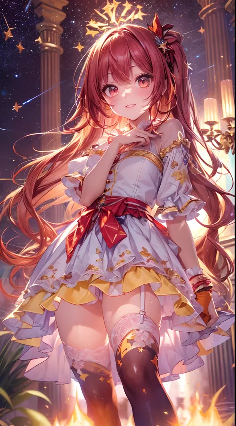 (fullbody, legs and shoes visible: 1.2)) expressive eyes, woman, pale skin, long hair, windblown hair, ((long hair)), long sidelocks, hime bangs, hair fringe, hair bun, ((long twintails)), flaming hair, red hair, blushing, full face blushing, big sparkling...