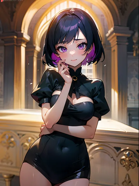 Anime girl with black short hairs, purple eyes, medieval morning, castle hall, black dress, blush, 4k, high quality, supersharp, masterpiece, beautiful woman, perfect body, perfect face, cute face,