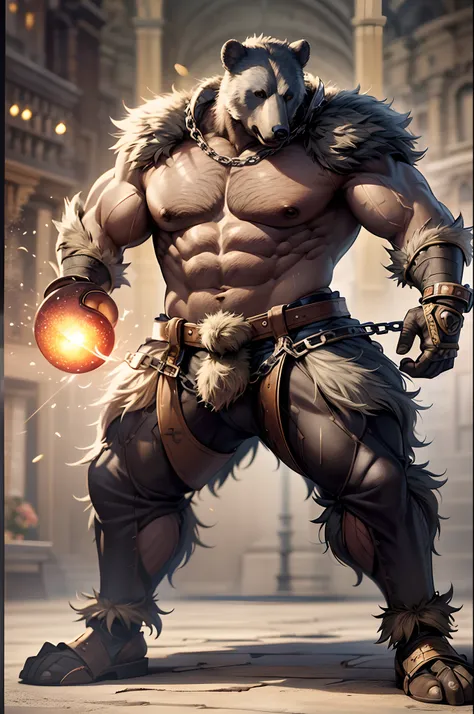 Game character standing drawing design，Black Bear Warriors，Fur shoulders，Stout limbs，Muscle explosions，Equipped with a huge chain boxing holster，Different layers overlay，Different angles，（Left view full body：1.4），solid color backdrop，clean backdrop，depth o...