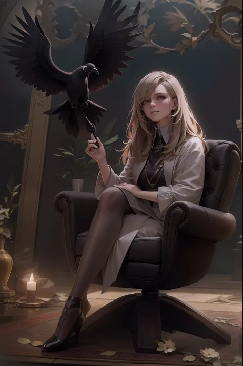 an old witch sits in a kadilau chair in the background，she was holding a soniste crow ，gloomy castle，solid color backdrop，clean ...