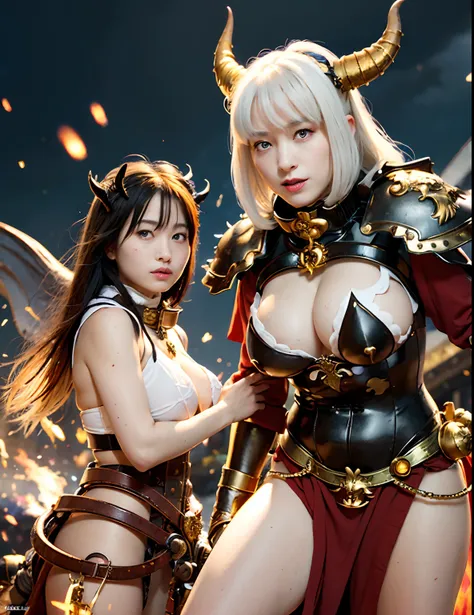 Professional , ​masterpiece、top-quality、photos realistic , depth of fields 、（Dragon White Body:1.９),(Enamel white、（cleavage of the breast）、Dragon Gold Weapon、Particles of light、（Dragon White Body:1.４),Gorgeous gold weapons ,（（ Dragon dense and gorgeous dra...