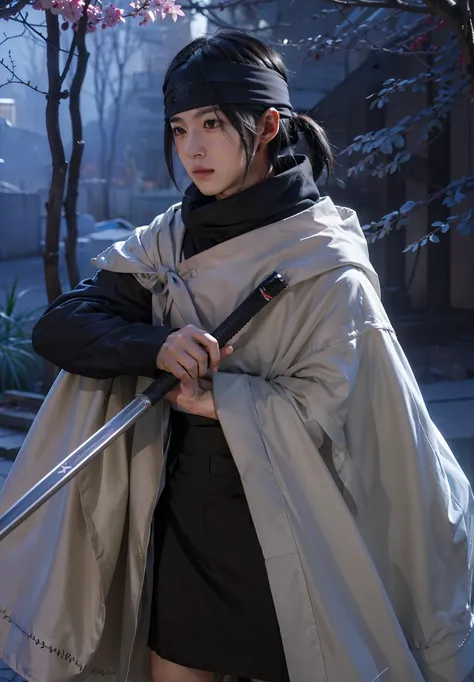 1boy,real Life adaption of this character,her name is Sasuke uchiha from anime naruto ,hyper realistic ,detailed hair, high resolution, photorealistic,very detailed,realistic outfit ,((Korean handsome face)),wear bandana , realistic same cloak