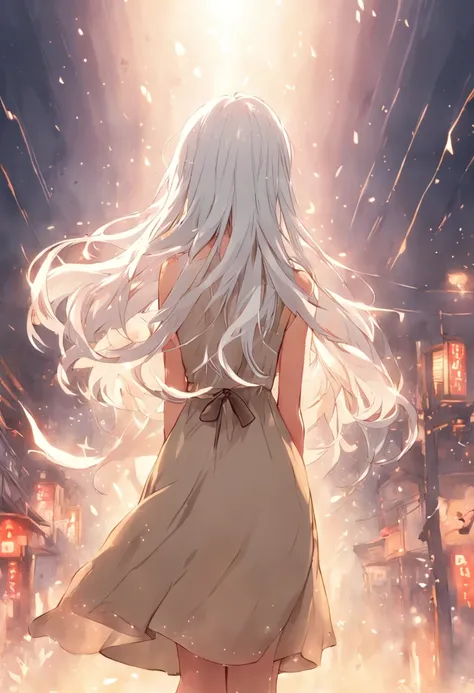 White hair wearing beige dress girl back