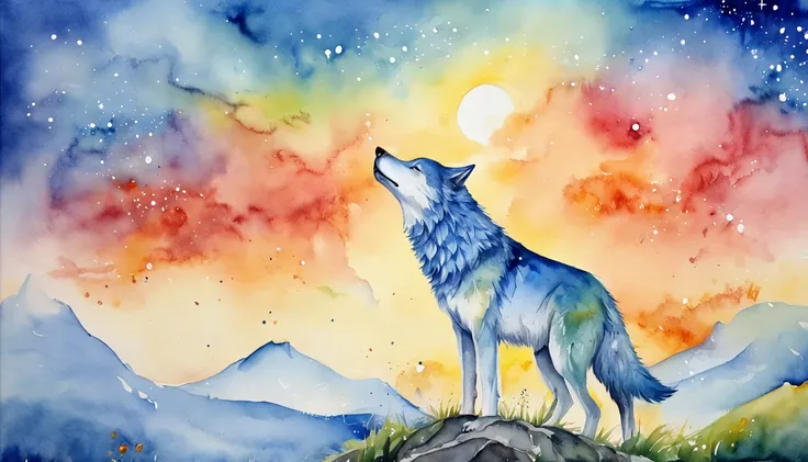 Card frame　Blue wolf　with rainbow colored background　Extremely colorful　Design the starry sky