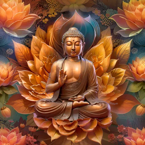 "Generate a realistic depiction of Buddha，There is a golden halo around it，A very bright divine light descended from the sky，illuminated the whole Buddha, Sit on a giant lotus flower with rainbow symmetry, The hotel is in the middle of a garden with many f...