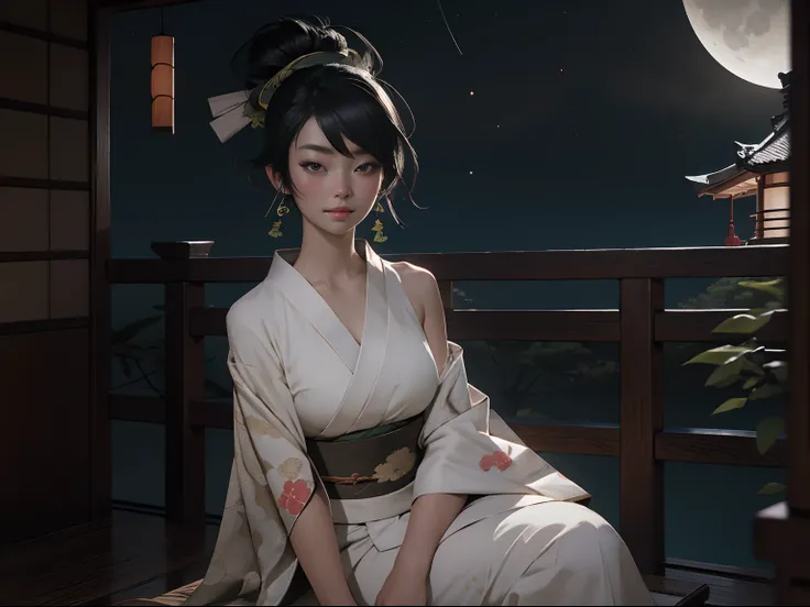 1 akali, kimono, kimono dress, nature, japanese environment, breast, opened armpit, sitting, japanese bedroom, black hair, night...