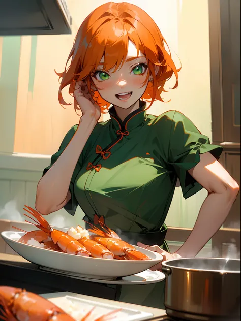 ​masterpiece、top-quality、hight resolution、profetional lighting、anime styled、Details of the face and clothes、(1girl in、独奏、Competing Art、Orange hair、Green eyes、Laugh、Cooking in the kitchen、Cooking shrimp on a plate)