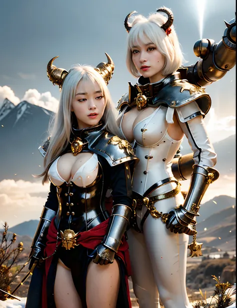 Professional , ​masterpiece、top-quality、photos realistic , depth of fields 、（White Metal Body:1.９),(Enamel white、（cleavage of the breast）、Dragon Gold Weapon、Particles of light、（White Metal Body:1.４),Gorgeous gold weapons ,（（ Dragon dense and gorgeous drago...