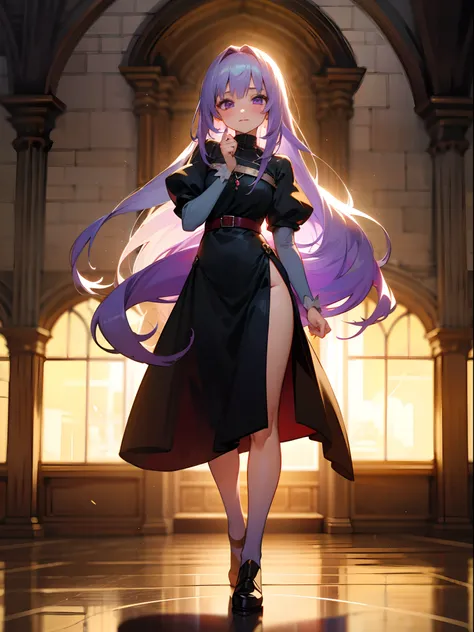 Anime girl with white long hairs, purple eyes, medieval morning, castle hall, black dress, blush, 4k, high quality, supersharp, masterpiece, beautiful woman, perfect body, perfect face, cute face, full body view